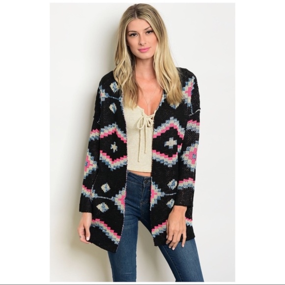 Tribal Aztec Print Boho Open Cardigan Sweater NWT - Picture 2 of 5